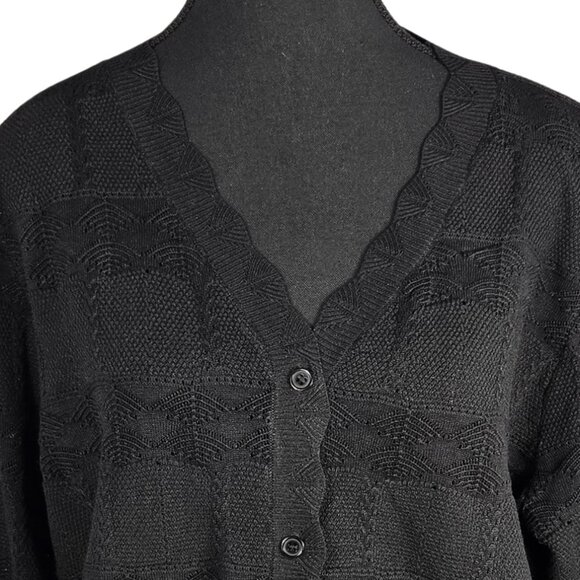 NWT | Black Knit V-Neck Button Up Cardigan Scalloped Trim 3/4 Sleeve | XLarge - Picture 3 of 6
